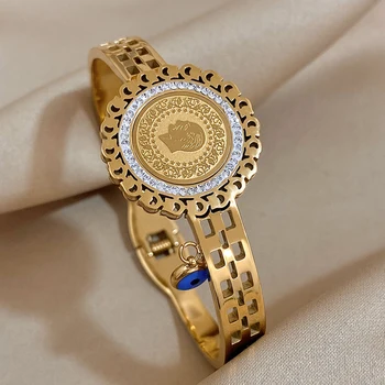 AENSOA גושי צבע זהב דיוקן מטבע אל חלד פלדה רחב צמידי צמיד נשים 18K זהב לוחית Watchstrap לעצב תכשיטים