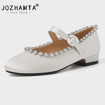 JOZHAMTA גודל 34-39 נשים סאטן נעלי ג ' יין מארי לב גבישים עבים עקבים נמוכים בלט השמלה אבזם רצועה אלגנטית משרד ליידי