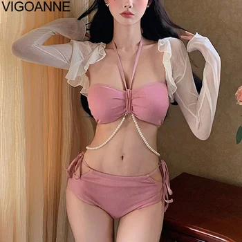 VigoAnne מוצק סקסי 3 חתיכה שרוול ארוך האפוד ביקיני סט נשים 2023 הקולר לדחוף את קוריאני בגד ים גבוה המותניים חלול בגד ים