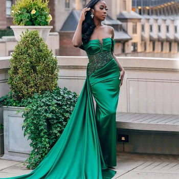 אפריקה ירוק שמלות לנשף שחור הבנות כתף עם Overskirt חרוזים קפלי שמלת הערב מסיבת שמלות גלימות דה soriee