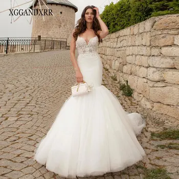 חדש בתולת ים טול שמלת החתונה 2024 צווארון וי עמוק אפליקציות תחרה רצועות ספגטי ארוך לבן שמלת כלה רכבת לטאטא בהזמנה אישית