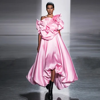 פופולרי 2024 ורוד גבוהות נמוכות שמלות לנשף עם גדול 3D פרחים משי סאטן מחוץ כתף רשמיות אירוע השמלה vestidos פארא mujer